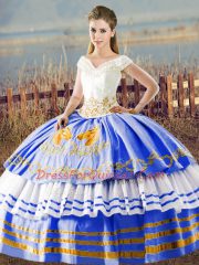 Asymmetrical Lace Up Quinceanera Gowns Blue And White for Sweet 16 and Quinceanera with Embroidery and Ruffled Layers