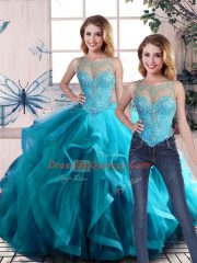 Luxurious Tulle Scoop Sleeveless Lace Up Beading and Ruffles Ball Gown Prom Dress in Aqua Blue