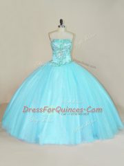Aqua Blue Sleeveless Floor Length Beading Lace Up Quinceanera Gown