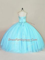 Aqua Blue Sleeveless Floor Length Beading Lace Up Quinceanera Gown