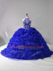 Affordable Halter Top Long Sleeves Organza Sweet 16 Dresses Beading and Pick Ups Court Train Lace Up
