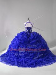 Affordable Halter Top Long Sleeves Organza Sweet 16 Dresses Beading and Pick Ups Court Train Lace Up