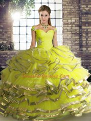 High Quality Off The Shoulder Sleeveless Quinceanera Gowns Floor Length Beading and Ruffled Layers Yellow Green Tulle