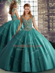 Stunning Teal Tulle Lace Up Straps Sleeveless Floor Length Sweet 16 Dress Beading and Appliques