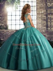 Stunning Teal Tulle Lace Up Straps Sleeveless Floor Length Sweet 16 Dress Beading and Appliques