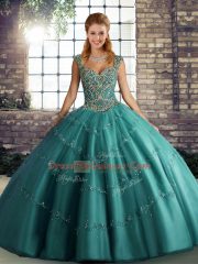 Stunning Teal Tulle Lace Up Straps Sleeveless Floor Length Sweet 16 Dress Beading and Appliques