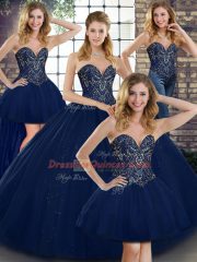 Best Selling Navy Blue Sleeveless Floor Length Beading Lace Up Vestidos de Quinceanera