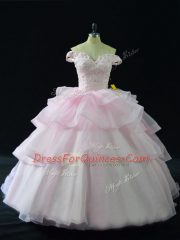 Sexy Organza Sleeveless Quince Ball Gowns Brush Train and Beading and Ruffled Layers