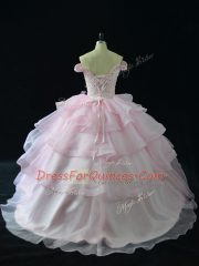 Sexy Organza Sleeveless Quince Ball Gowns Brush Train and Beading and Ruffled Layers