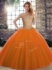 Classical Orange Red Ball Gowns Beading 15th Birthday Dress Lace Up Tulle Sleeveless Floor Length