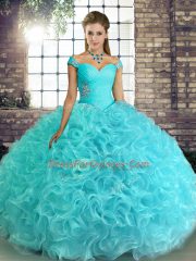 Aqua Blue Off The Shoulder Lace Up Beading Vestidos de Quinceanera Sleeveless