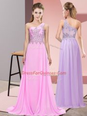 Chiffon One Shoulder Sleeveless Side Zipper Beading in Pink