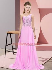 Chiffon One Shoulder Sleeveless Side Zipper Beading in Pink