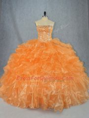 Pretty Floor Length Lace Up 15th Birthday Dress Orange for Sweet 16 and Quinceanera with Beading and Ruffles