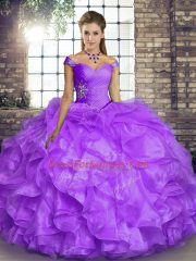 Organza Off The Shoulder Sleeveless Lace Up Beading and Ruffles Quince Ball Gowns in Lavender
