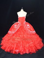 Sumptuous Sleeveless Organza Floor Length Lace Up Sweet 16 Dresses in Red with Embroidery and Ruffles