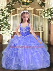 Hot Sale Floor Length Lace Up Little Girls Pageant Gowns Lavender for Party and Wedding Party with Beading and Ruffles