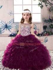 Dark Purple Ball Gowns Beading and Ruffles Little Girl Pageant Gowns Lace Up Organza Sleeveless Floor Length