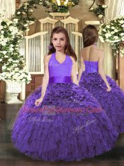 Beauteous Purple Lace Up Halter Top Ruffles Kids Formal Wear Organza Sleeveless