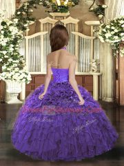 Beauteous Purple Lace Up Halter Top Ruffles Kids Formal Wear Organza Sleeveless