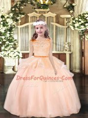 Elegant Peach Scoop Neckline Lace Little Girl Pageant Gowns Sleeveless Zipper