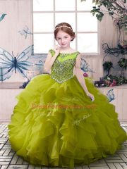 Custom Design Beading and Ruffles Little Girl Pageant Dress Olive Green Zipper Sleeveless Floor Length