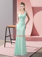 New Arrival Apple Green Column/Sheath One Shoulder Sleeveless Lace Floor Length Criss Cross Beading and Lace Prom Dresses