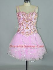 Modern Rose Pink Lace Up Spaghetti Straps Beading and Ruffles Prom Gown Tulle Sleeveless