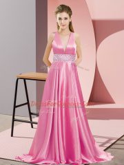 Rose Pink V-neck Backless Beading Homecoming Dress Brush Train Sleeveless