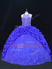 Royal Blue Ball Gowns Taffeta Halter Top Sleeveless Beading and Appliques and Embroidery and Pick Ups Floor Length Lace Up Quinceanera Dress