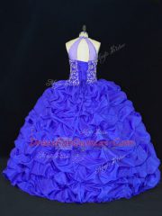 Royal Blue Ball Gowns Taffeta Halter Top Sleeveless Beading and Appliques and Embroidery and Pick Ups Floor Length Lace Up Quinceanera Dress