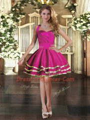 Strapless Sleeveless Dress for Prom Mini Length Ruffled Layers Fuchsia Tulle