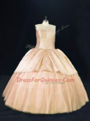 Fabulous Peach Ball Gowns Scoop Sleeveless Tulle Floor Length Lace Up Beading Quinceanera Gowns