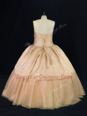 Fabulous Peach Ball Gowns Scoop Sleeveless Tulle Floor Length Lace Up Beading Quinceanera Gowns