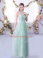Light Blue Tulle Side Zipper V-neck Sleeveless Floor Length Court Dresses for Sweet 16 Lace and Belt