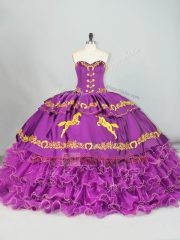 Beauteous Embroidery and Ruffles Ball Gown Prom Dress Purple Lace Up Sleeveless Brush Train