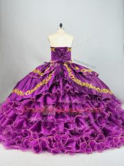 Beauteous Embroidery and Ruffles Ball Gown Prom Dress Purple Lace Up Sleeveless Brush Train
