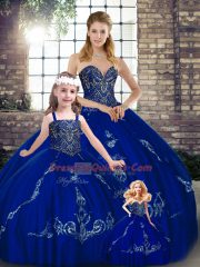 Sleeveless Tulle Floor Length Lace Up Ball Gown Prom Dress in Royal Blue with Beading and Embroidery