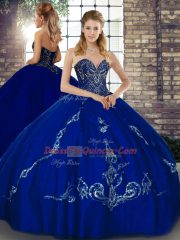 Sleeveless Tulle Floor Length Lace Up Ball Gown Prom Dress in Royal Blue with Beading and Embroidery