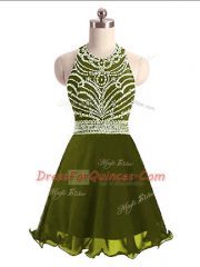 Lovely Olive Green Halter Top Lace Up Beading Prom Party Dress Sleeveless