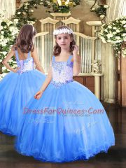 Sleeveless Floor Length Beading Lace Up Quince Ball Gowns with Blue