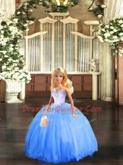 Sleeveless Floor Length Beading Lace Up Quince Ball Gowns with Blue