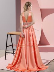 Brush Train Empire Prom Gown Lavender V-neck Elastic Woven Satin Sleeveless Backless