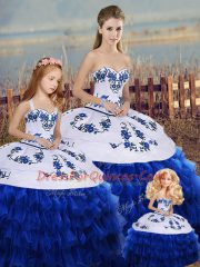 Royal Blue Ball Gowns Sweetheart Sleeveless Organza Floor Length Lace Up Embroidery and Ruffled Layers and Bowknot 15 Quinceanera Dress