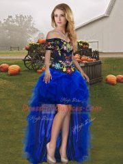 Comfortable Sleeveless Tulle High Low Lace Up Prom Gown in Royal Blue with Embroidery and Ruffles