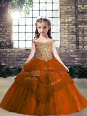 Sleeveless Tulle Floor Length Lace Up Winning Pageant Gowns in Rust Red with Beading and Appliques