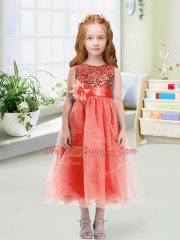 Watermelon Red Scoop Neckline Sequins and Hand Made Flower Toddler Flower Girl Dress Sleeveless Zipper