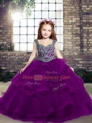 Custom Design Straps Sleeveless Little Girls Pageant Gowns Floor Length Beading Purple Tulle