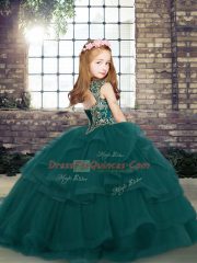 Custom Design Straps Sleeveless Little Girls Pageant Gowns Floor Length Beading Purple Tulle