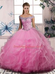 Sumptuous Floor Length Rose Pink 15th Birthday Dress Off The Shoulder Sleeveless Lace Up